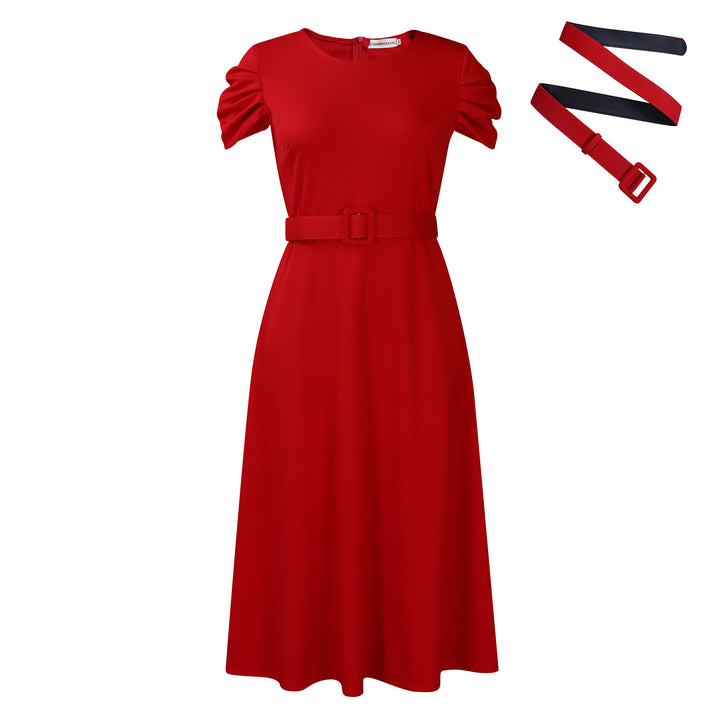 Damen Midi-Kleid mit elegantem Gummizug und schmalem Gürtel Drune