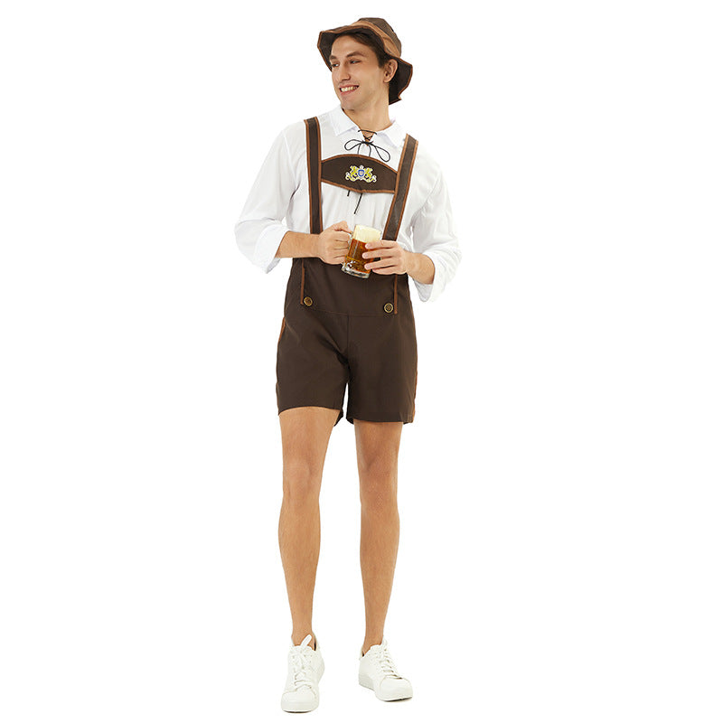 Herren nan Oktoberfest-Kurzlederhose mit verstellbaren Trägern, Zierknöpfen und besticktem Brustlatz Drune