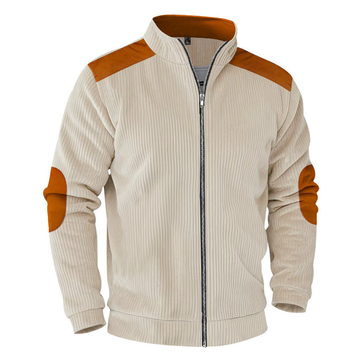 Herren nan gerippte Stehkragen-Sweatjacke mit durchgehendem Reißverschluss, Schulter- und Ellbogen-Patches Drune