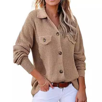 Damen modischer Waffle-Pullover mit Knöpfen Drune