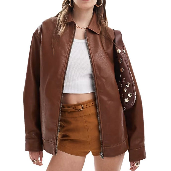 Damen Kunstlederjacke mit lässigem Schnitt und praktischen Reißverschlusstaschen Drune