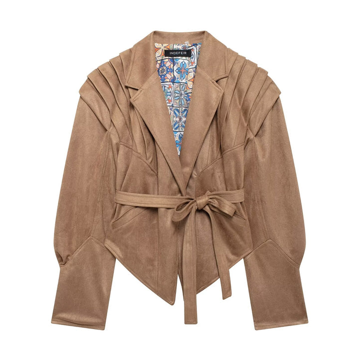 Damen nan taillierter Wildlederoptik Blazer mit Wickelgürtel und gerafften Schultern Drune