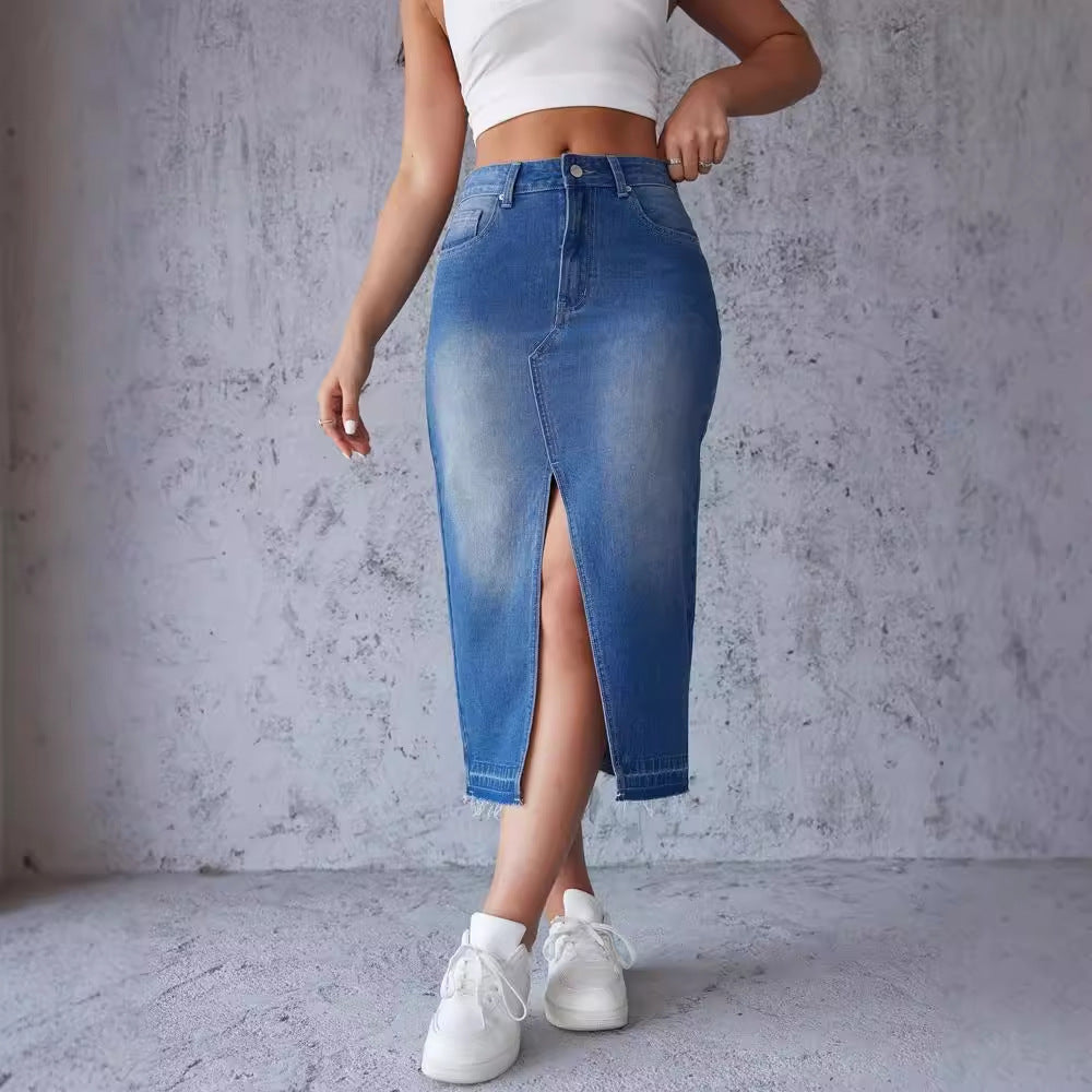 Damen Denim-Midirock mit hohem Schlitz und tailliertem Schnitt Drune
