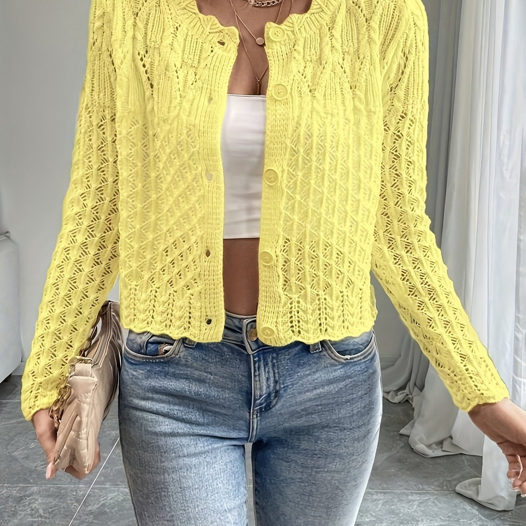 Damen Strickjacke mit einzigartiger Häkelstruktur und knopflosem Design Drune