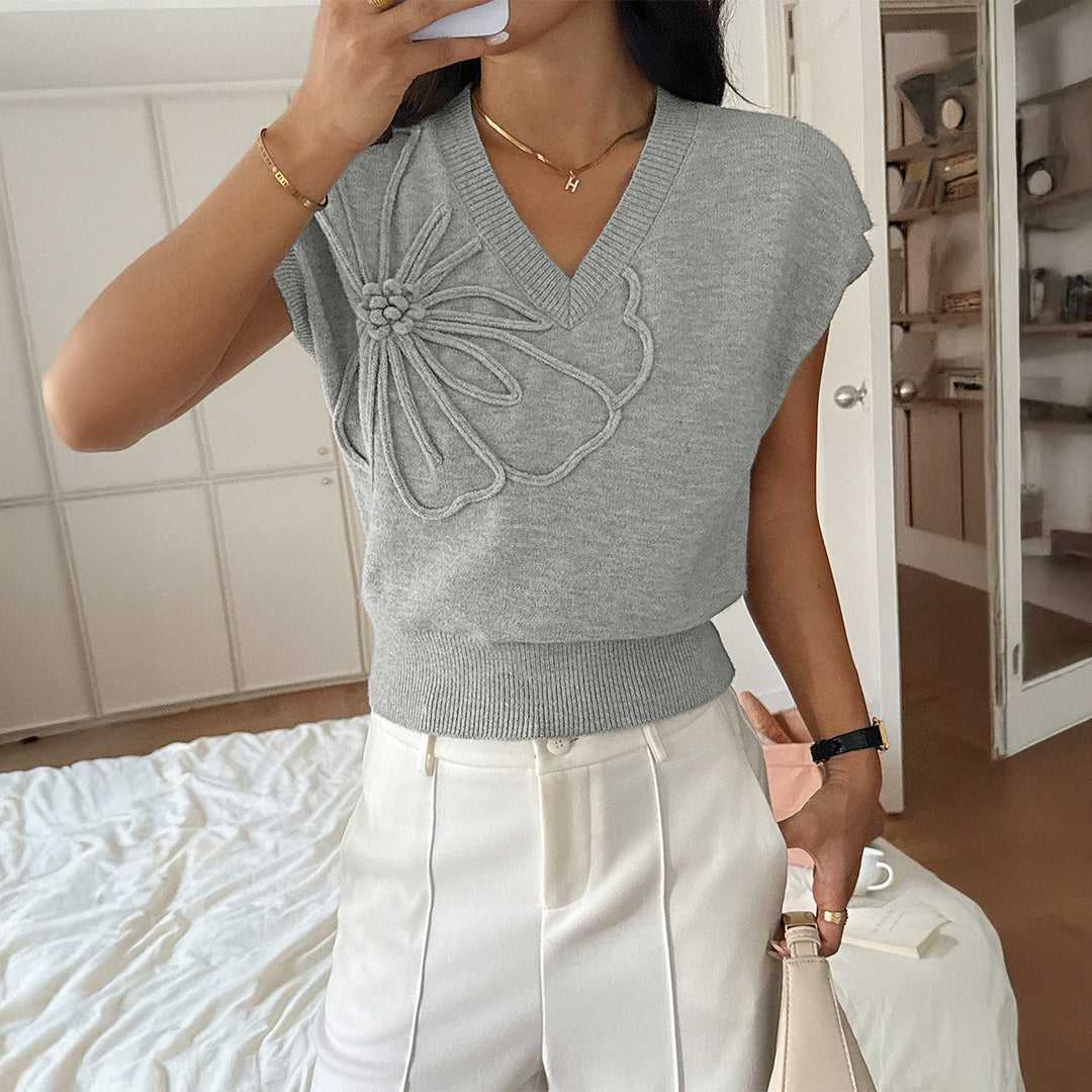 Damen eleganter V-Ausschnitt Pullover mit floralem 3D-Muster Drune
