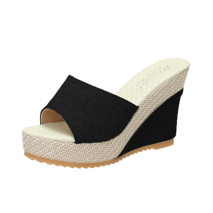 Damen nan Keil-Pantolette mit offenem Zehenbereich breitem Textilriemen Bast-Plateau und gepolstertem Komfortfußbett Drune