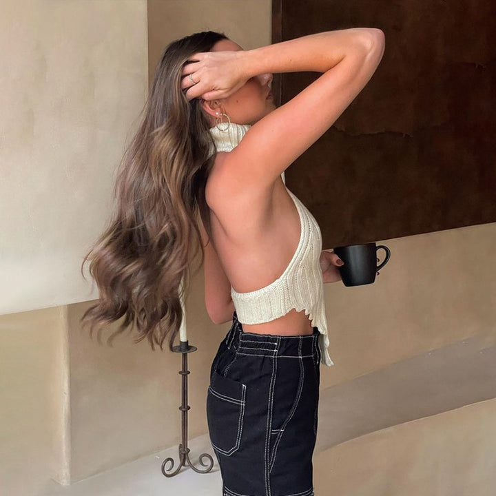 Damen cropped Stricktop mit hohem Kragen Drune