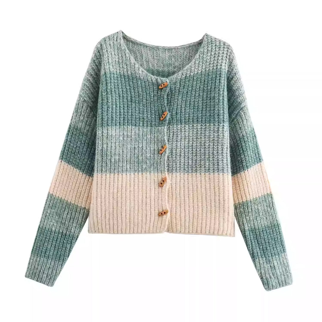 Damen Strickjacke mit elastischem Rippdesign und Holzknöpfen Drune