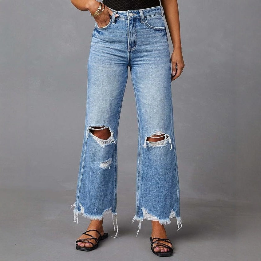 Damen nan hochgeschnittene ausgestellte Destroyed-Jeans mit Knieausfransungen und rohem Saum Drune