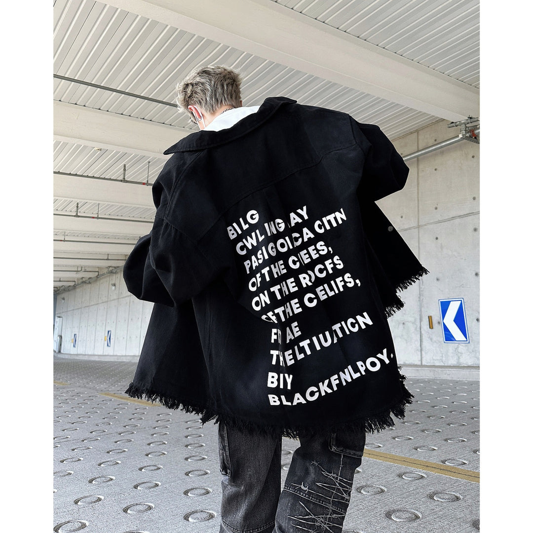 Herren Oversize-Denimjacke mit Fransen und grafischem Druck Drune
