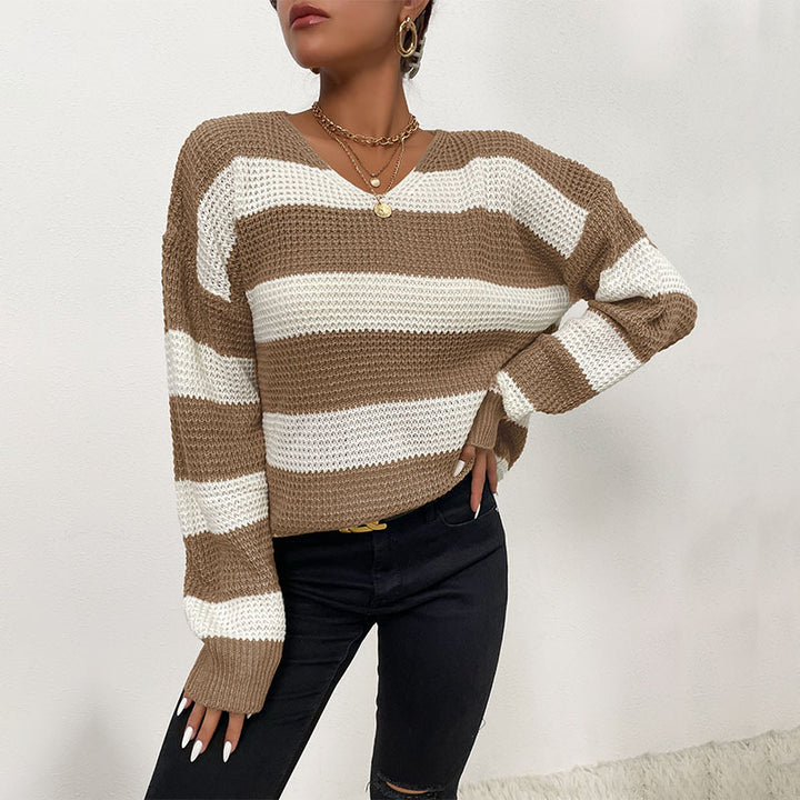 Damen lässiger Pullover mit strukturiertem Waffelmuster und V-Ausschnitt Drune
