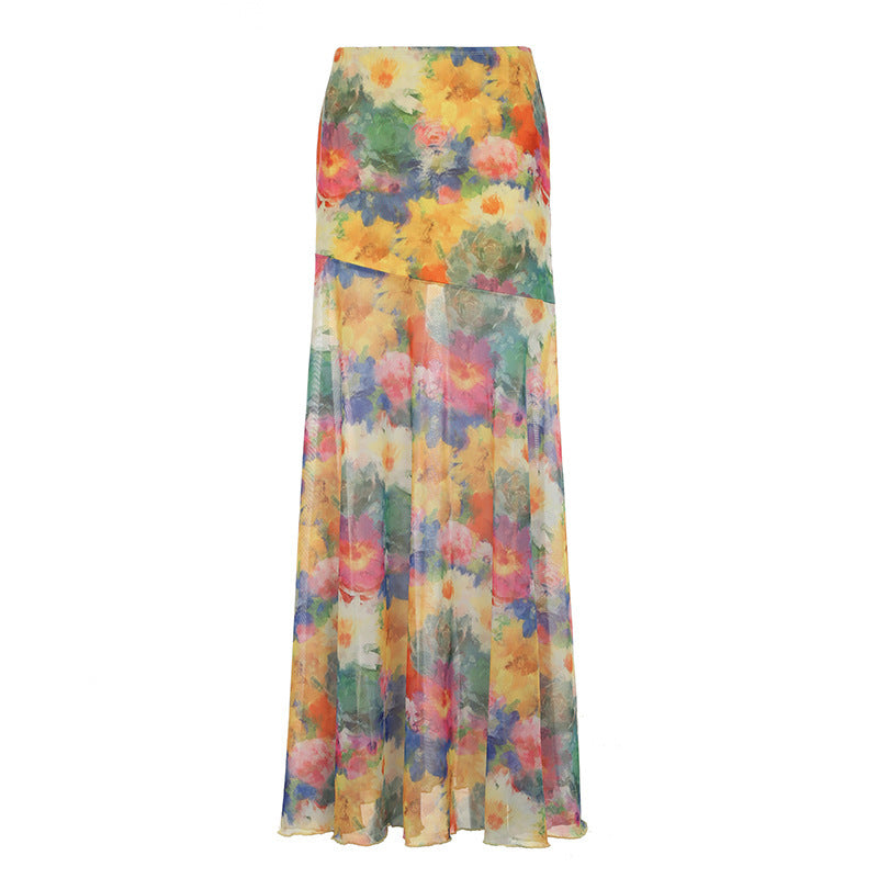 Damen Maxi-Rock mit floralem Chiffon-Design und schwingendem Saum Drune