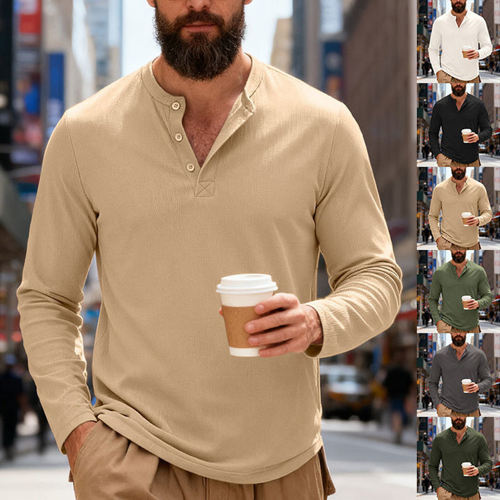 Herren nan Thermo-Henley-Langarmshirt mit Waffelstruktur, Rundhalsausschnitt und Knopfleiste Drune