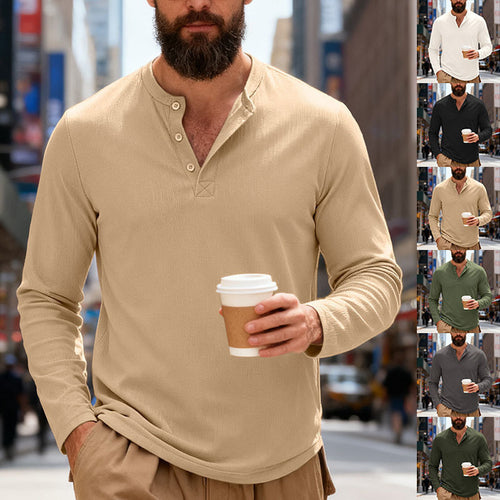 Herren nan Thermo-Henley-Langarmshirt mit Waffelstruktur, Rundhalsausschnitt und Knopfleiste Drune