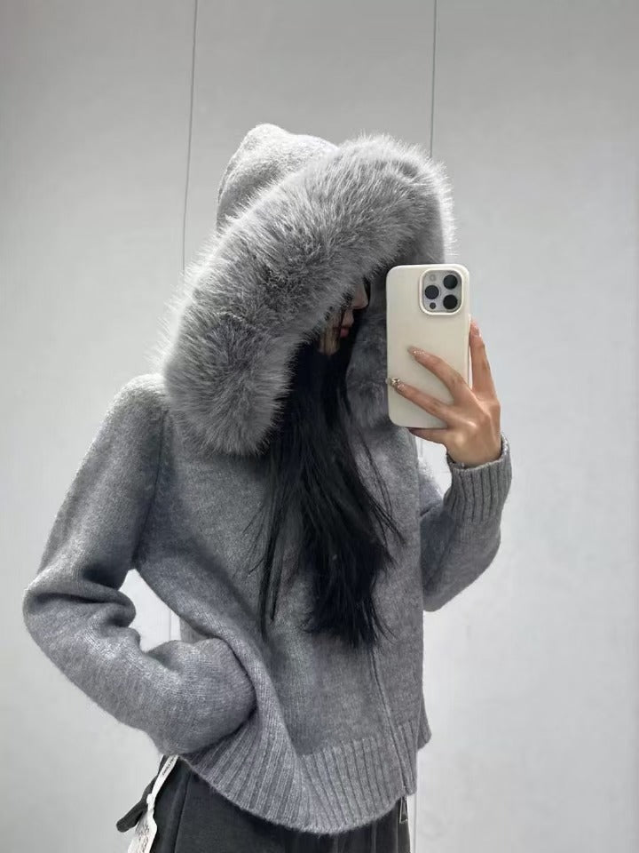 Damen modische Strickjacke mit abnehmbarer Kapuze aus weichem Material Drune