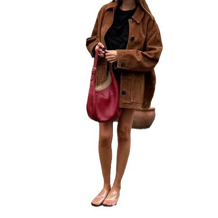 Damen Oversized Wildlederjacke mit Knopfdetails Drune