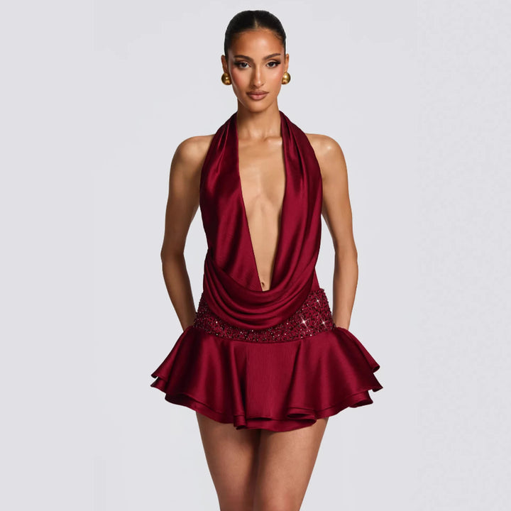 Damen elegantes Wickelkleid mit tiefem V-Ausschnitt und schwingendem Rock Drune