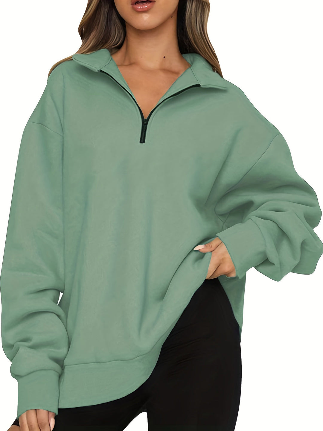 Damen nan Oversized Sweatshirt mit Kurzreißverschluss, Stehkragen und Kängurutasche Drune