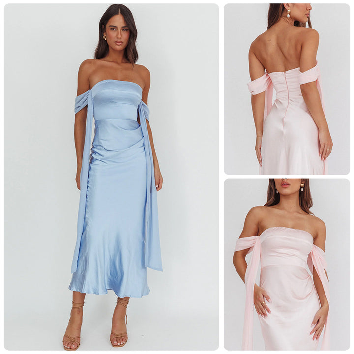 Damen Abendkleid mit schulterfreiem Design und fließendem SatinDrune