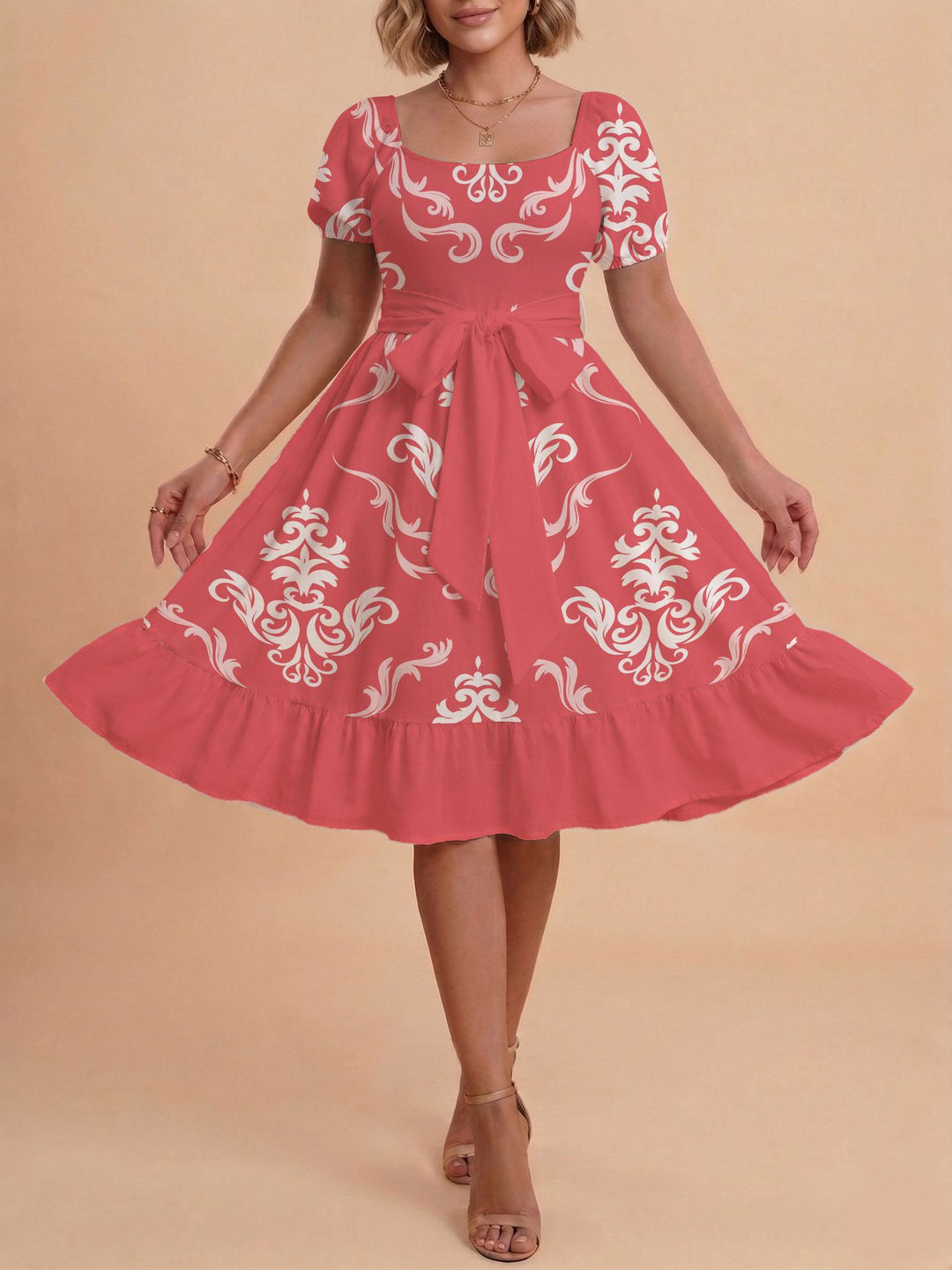 Damen Retro Maxikleid mit Puffärmeln und Taillengürtel Drune