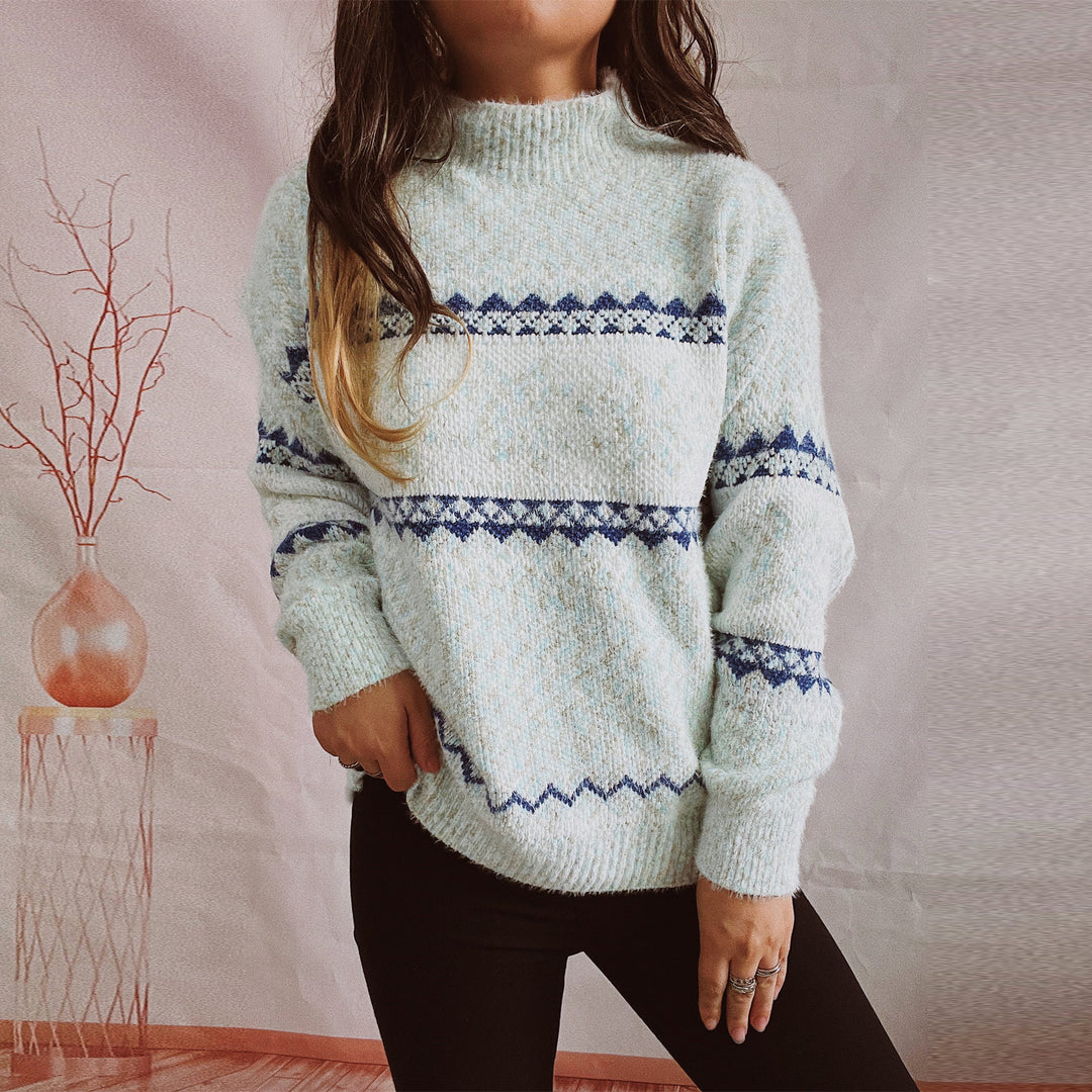 Damen Strickpullover mit geometrischem Muster und hohem Kragen Drune
