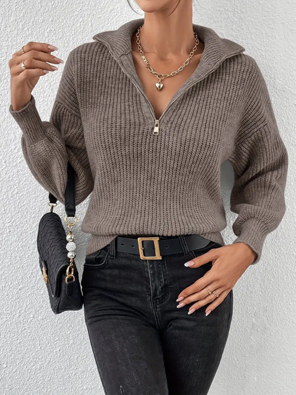 Damen Kuscheliger Strickpullover mit elegantem Stehkragen und Reißverschluss Drune