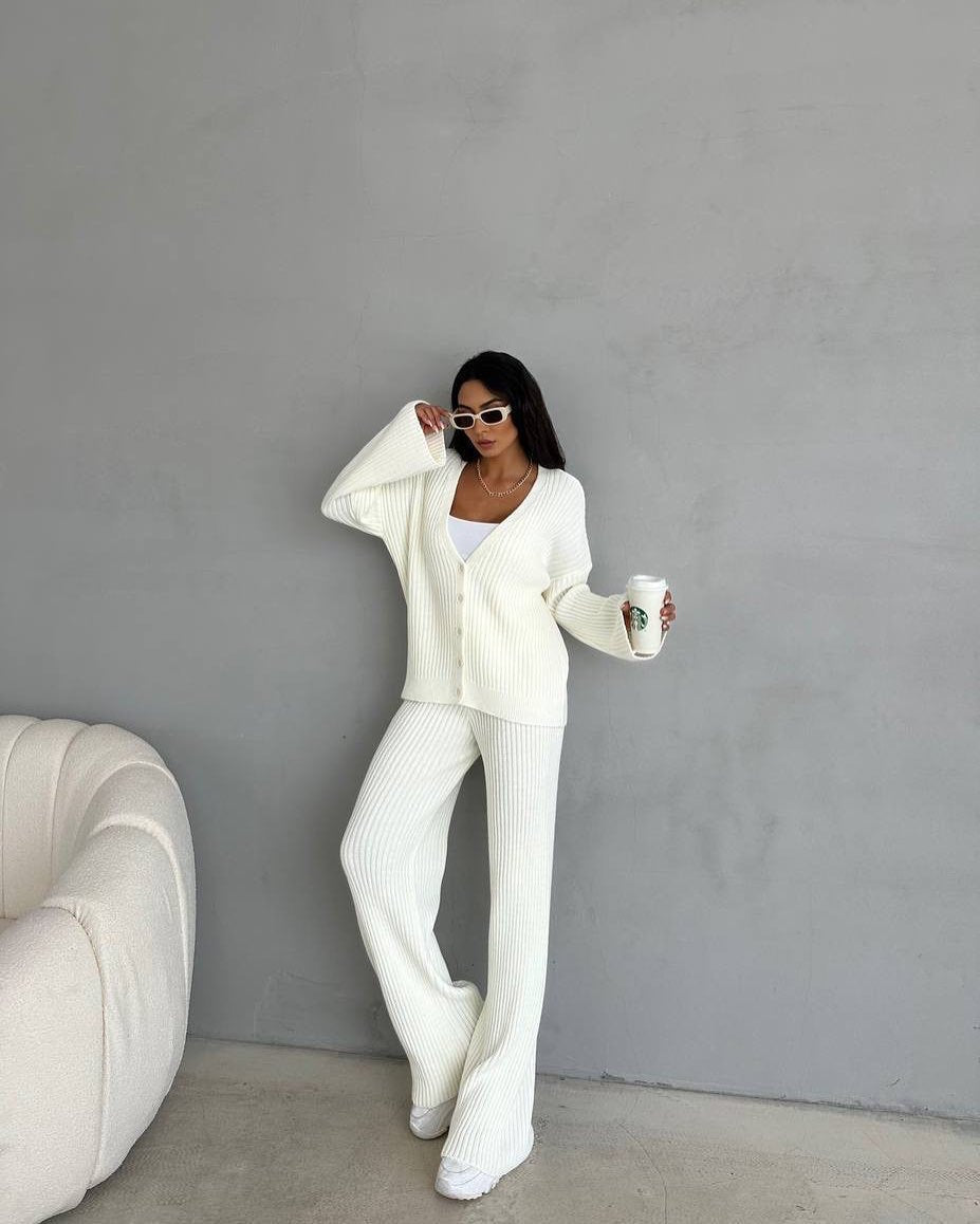 Damen lässiges Strick-Loungewear-Set mit Knopfleiste und weitem Schnitt Drune