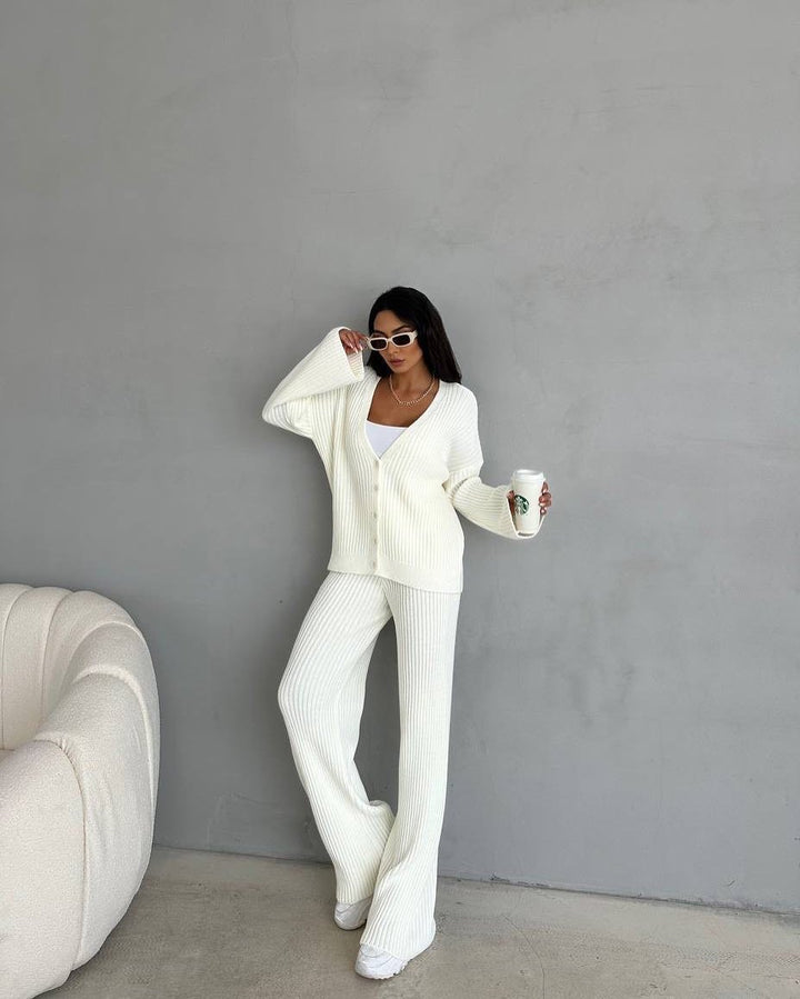 Damen lässiges Strick-Loungewear-Set mit Knopfleiste und weitem Schnitt Drune