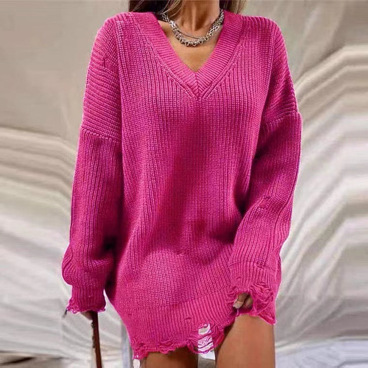 Damen Grobstrick Pullover mit V-Ausschnitt und lässigem Schnitt Drune