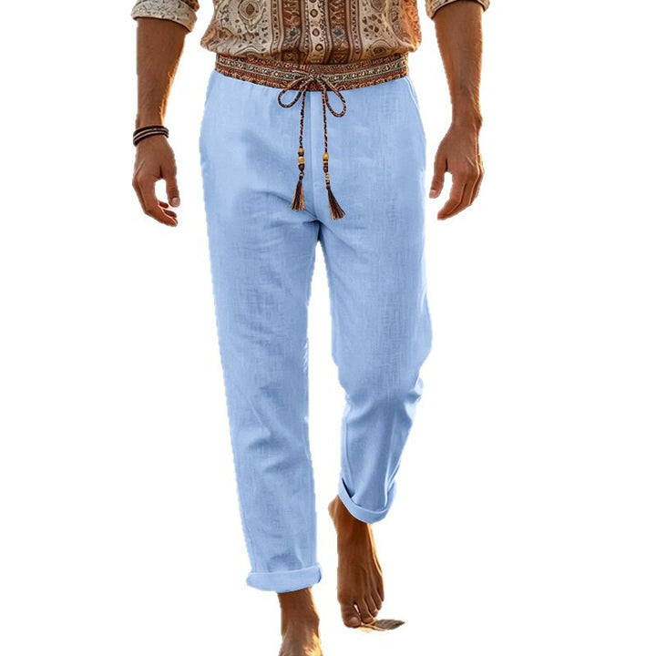 Herren nan maritime Leinen-Loungehose mit dekorativem Ethno-Bund, elastischem Tunnelzug und geradem Bein Drune