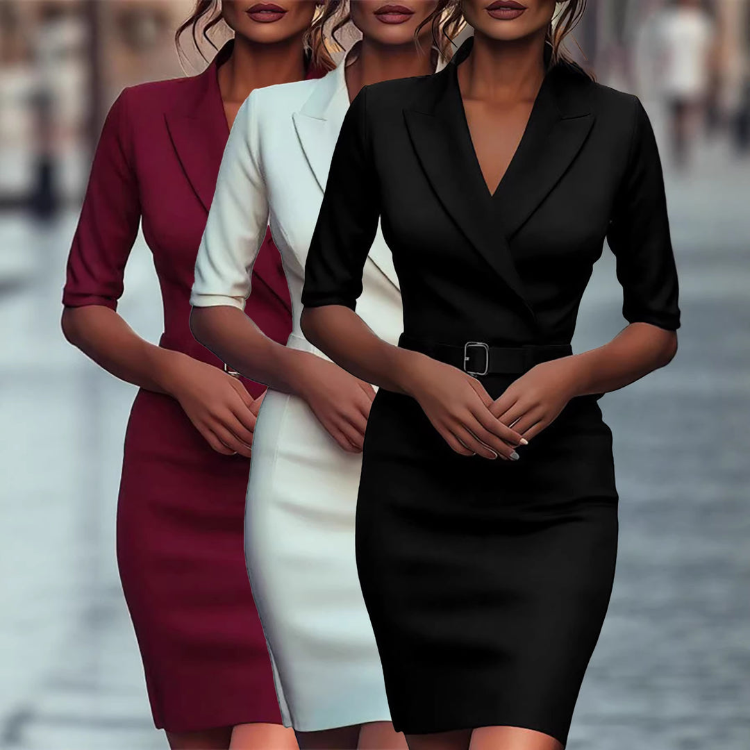 Damen figurbetontes Business-Kleid mit Gürtel und Revers Drune