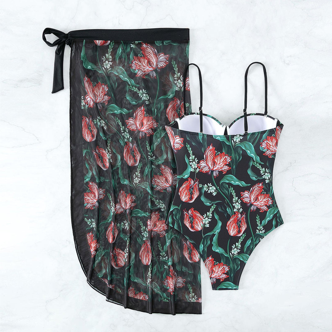 Damen Bademode mit floralem Muster und transparenter Sarong-Hülle Drune