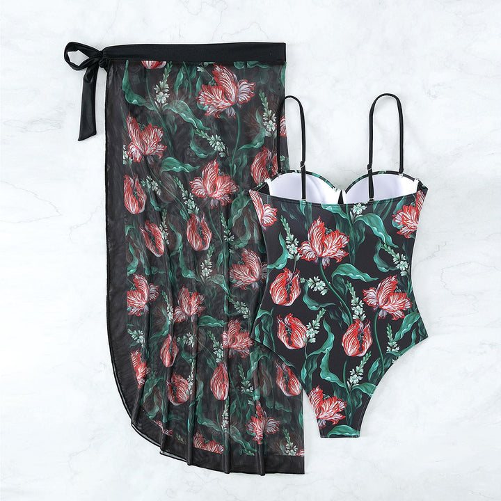 Damen Bademode mit floralem Muster und transparenter Sarong-Hülle Drune