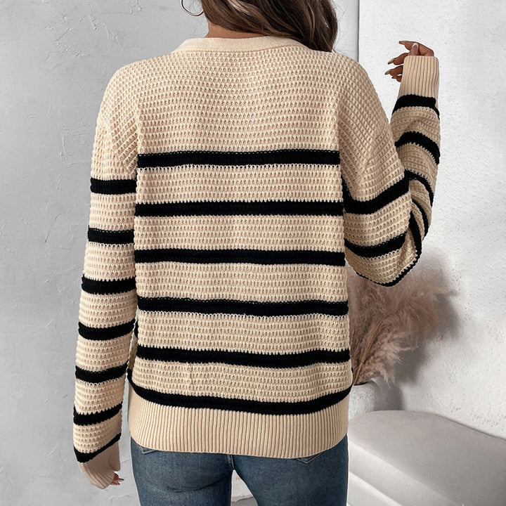 Damen lässiger Strickpullover mit Knopfleiste und gestreiftem Design Drune