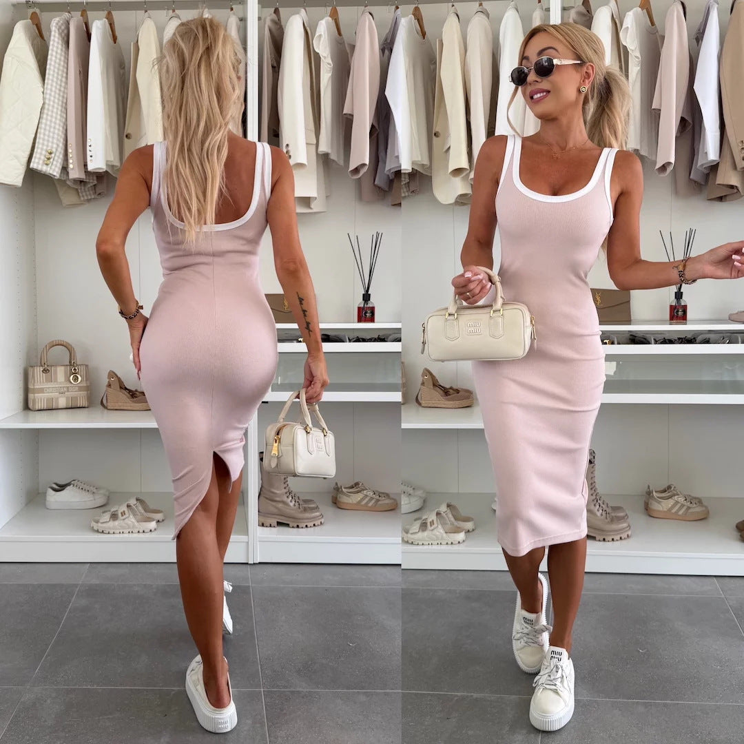 Damen figurbetontes Midi-Kleid mit breiten Trägern und schmalem Schnitt Drune