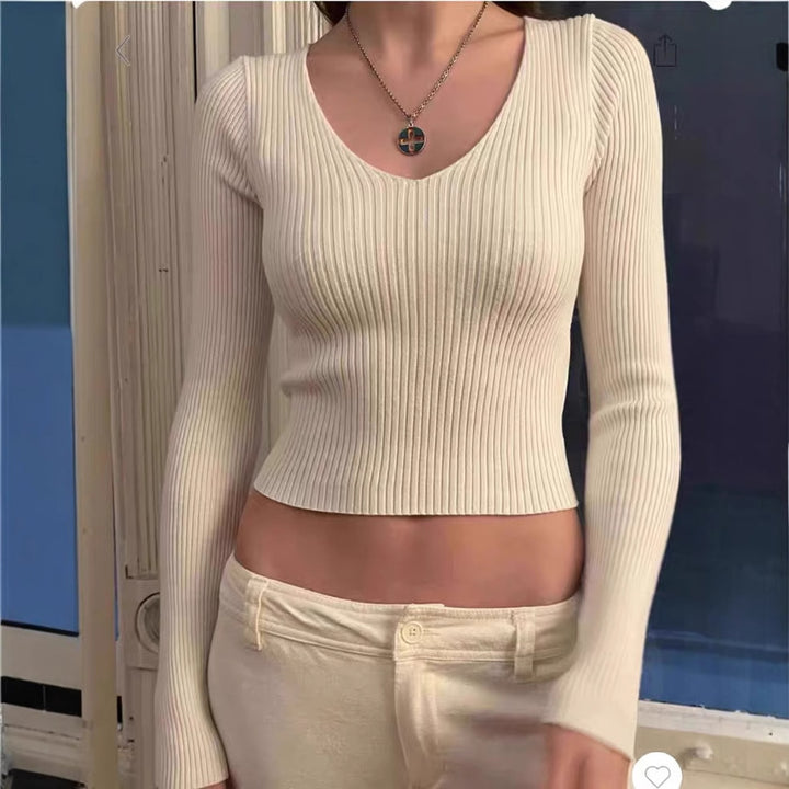 Damen elegantes V-Ausschnitt Rippentop Drune