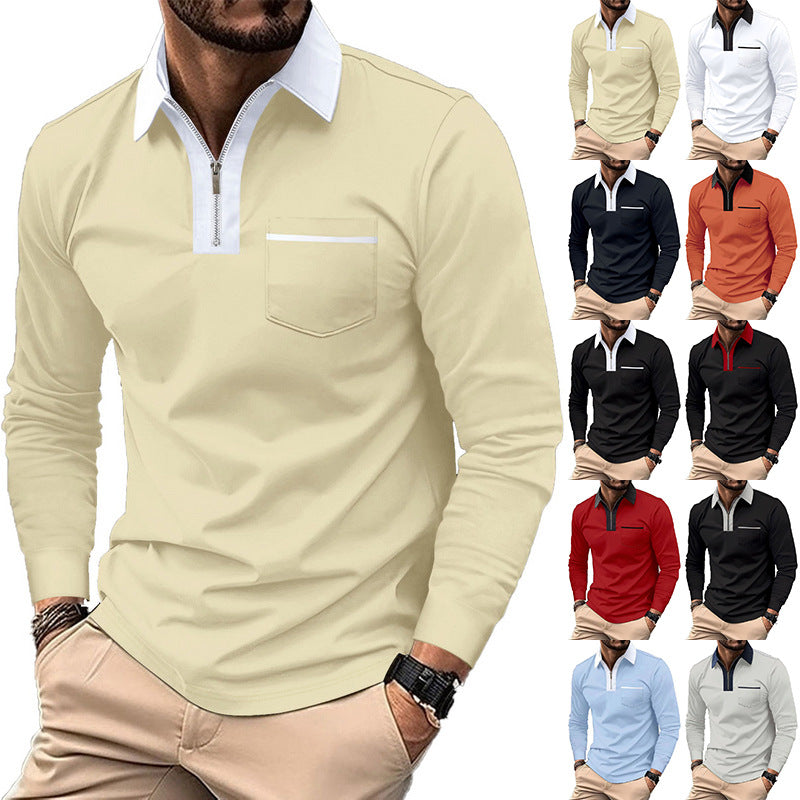 Herren Modisches Langarm-Polohemd mit Reißverschluss und Brusttasche Drune