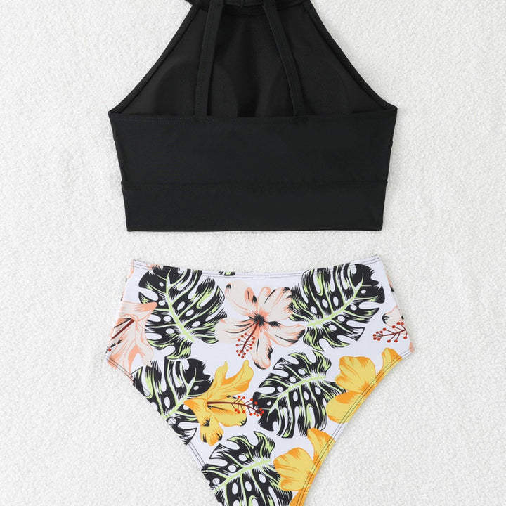 Badeanzug Oberteil mit Hochkragen und floraler Hochschnitt-Hose Drune