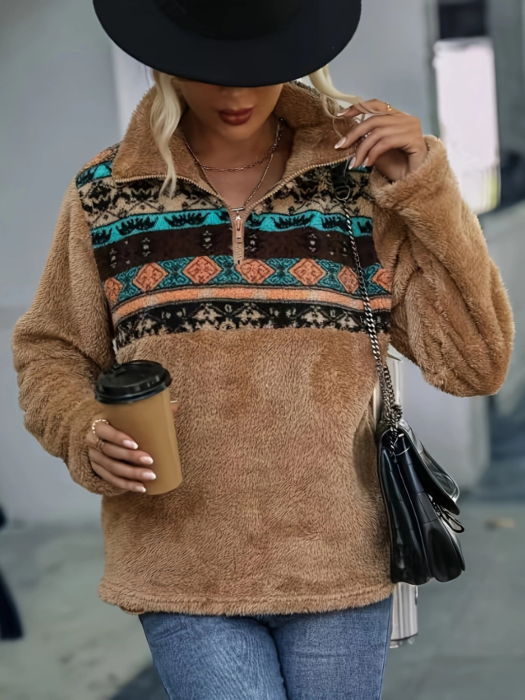 Damen kuschelige Fleece-Pullover mit modischem Reißverschluss und Farbdesign Drune