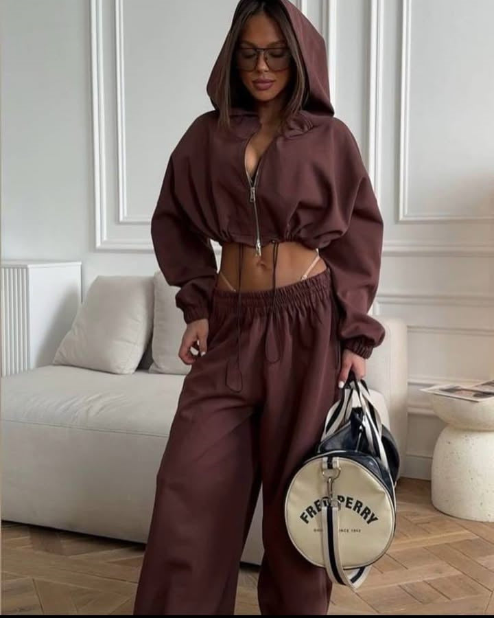 Damen modisches Loungewear-Set mit cropped Kapuzenpullover und weitem Schnitt Drune