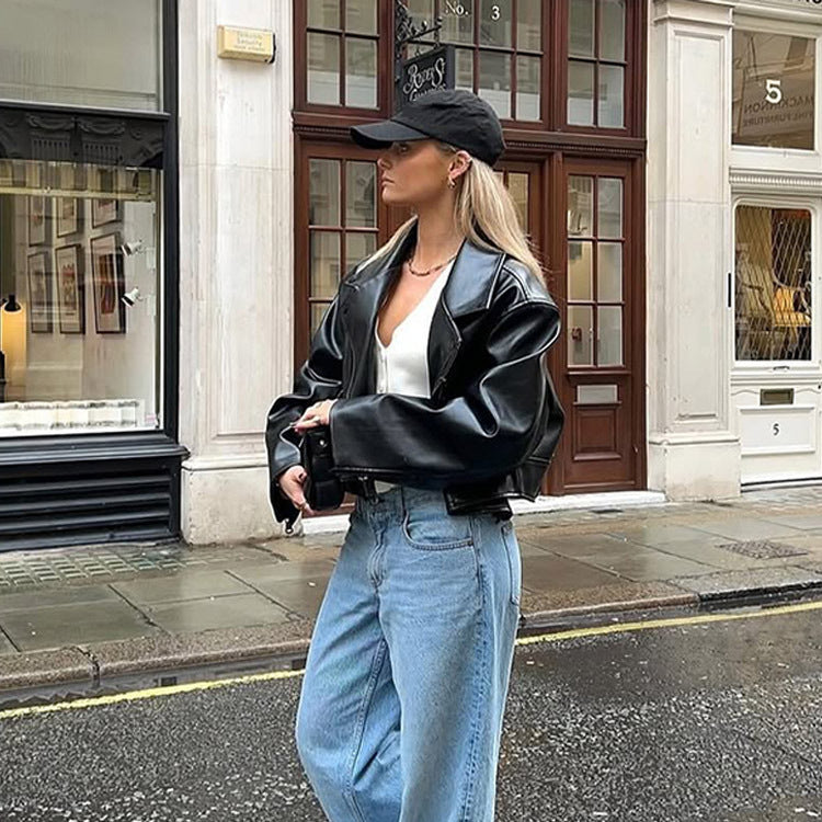 Damen modische Kunstlederjacke mit oversized Schnitt Drune