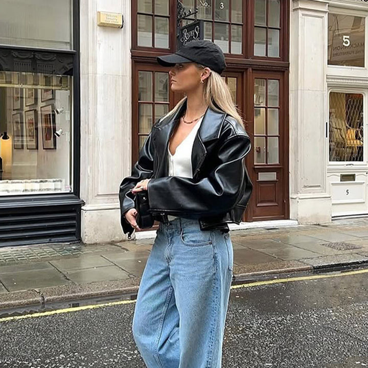 Damen modische Kunstlederjacke mit oversized Schnitt Drune