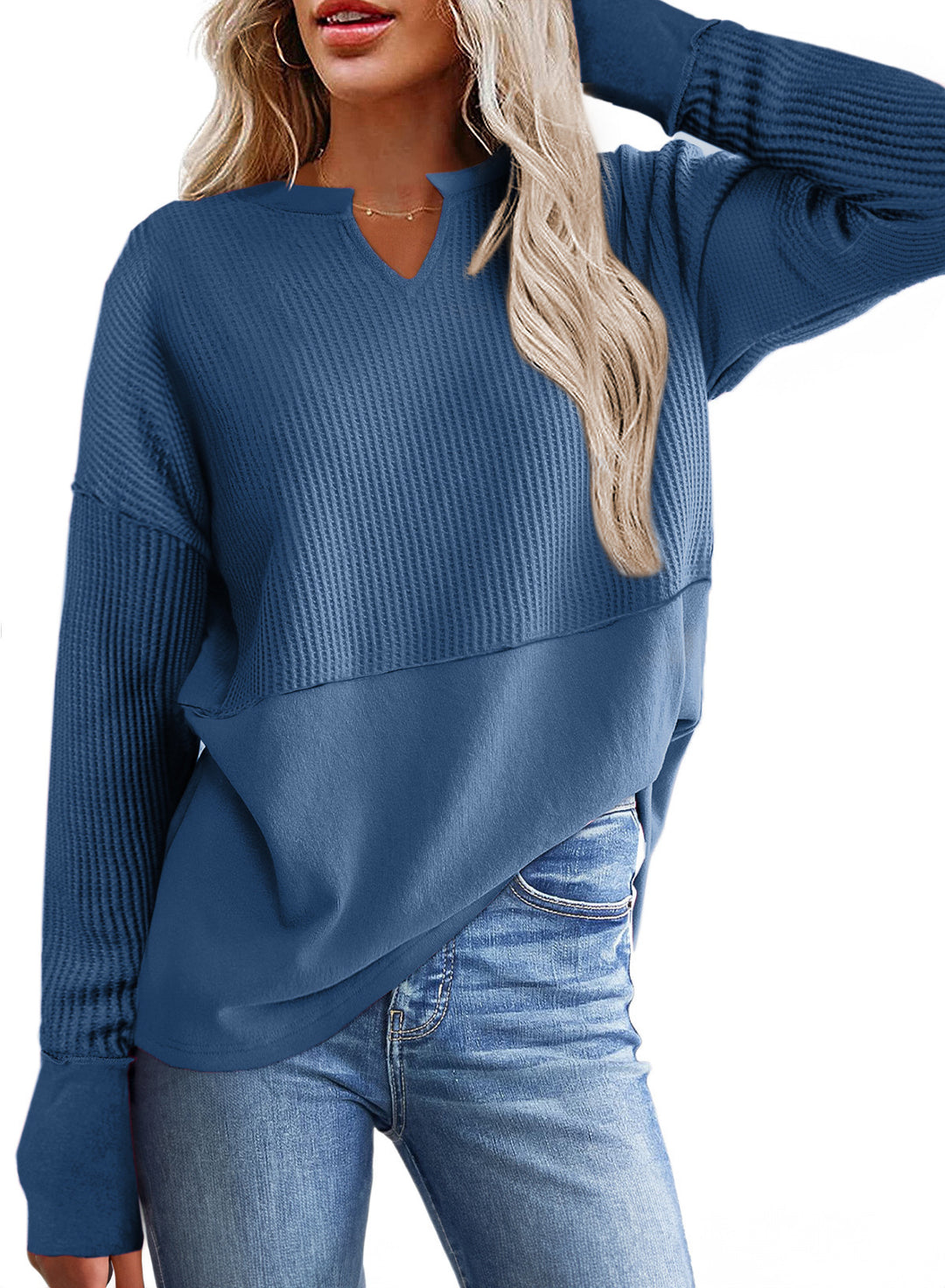 Damen lässiger Knit-Pullover mit V-Ausschnitt und Struktur Drune