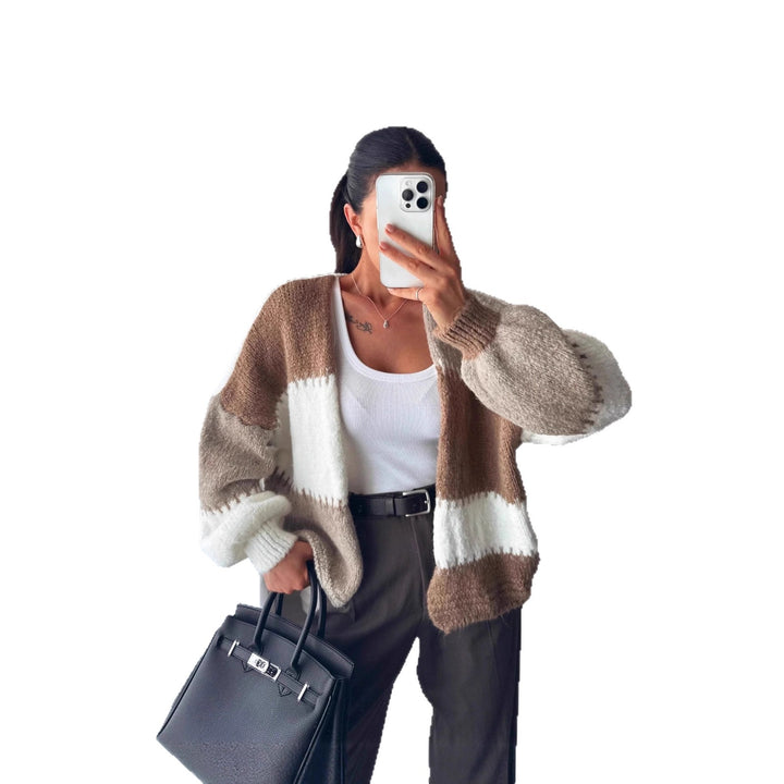 Damen gemütliche Strickjacke mit modernen blockartigen Mustern Drune