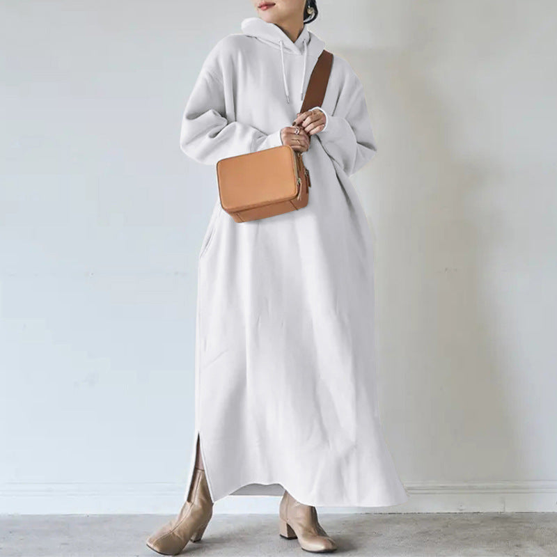 Damen nan Oversize Kapuzenmaxikleid mit geradem Schnitt und Seitenschlitz Drune