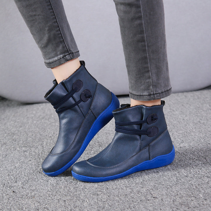 Damen nan gefütterte knöchelhohe Winterstiefelette mit elastischem Zierriemen, dekorativen Knopfdetails und rutschfester Leichtsohle Drune