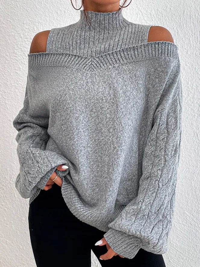 Damen Strickpullover mit lässigem Off-Shoulder Design und hohem Kragen Drune