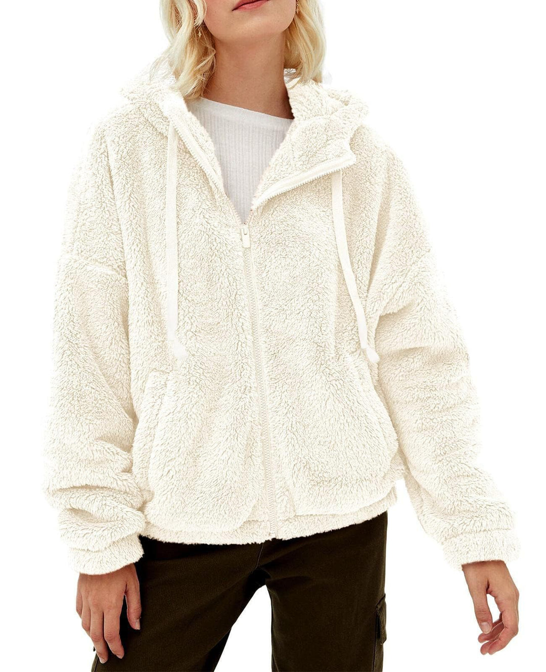 Damen Flauschige Kapuzenjacke mit praktischen Taschen und Reisverschluss Drune