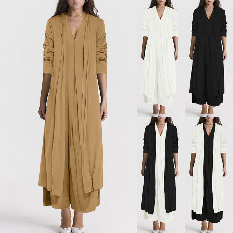 Damen Elegante Longjacke mit tiefem V-Ausschnitt und fließendem Schnitt Drune