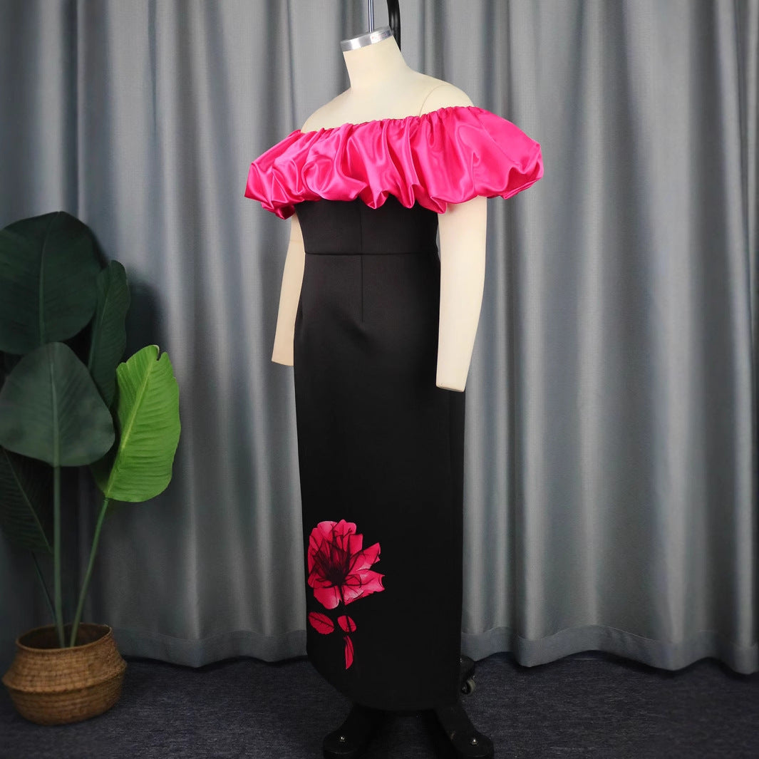 Damen elegantes Maxikleid mit voluminösem Rüschenkragen und floralem Print Drune